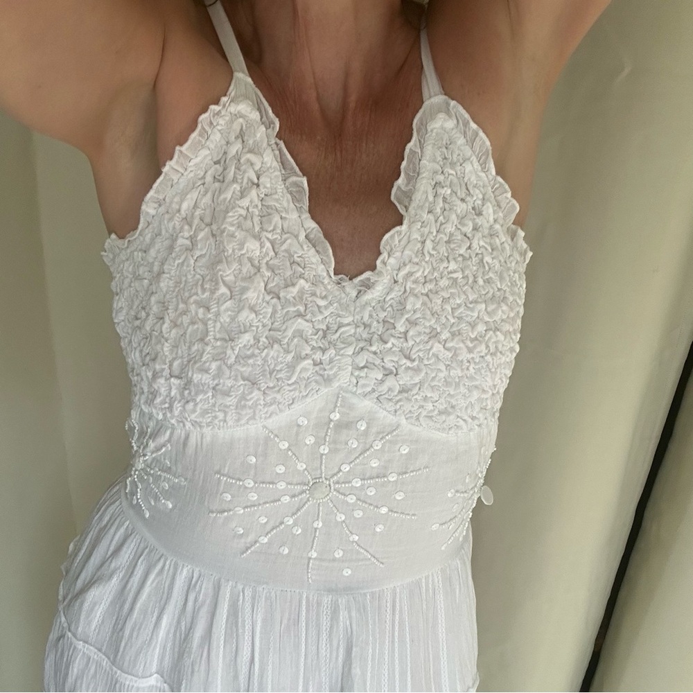 White Smocked V-neck Tiered Babydoll Maxi Dress Embroidery Sequin Detail S/M